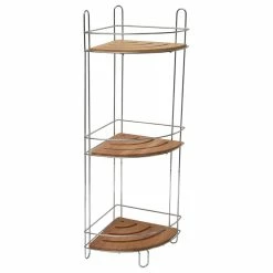 Budget 🎁 EVIDECO Free Standing Metal Wire Corner Shower Caddy With 3 Bamboo Shelves Color Brown 😀