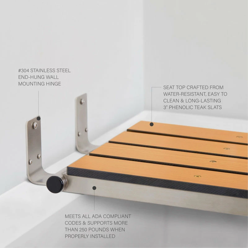 New โจ Seachrome Corporation 32" X 13.5" End-Hung Wall Mount Folding Teak Tub Seat With 3" Slats ๐ - Image 2
