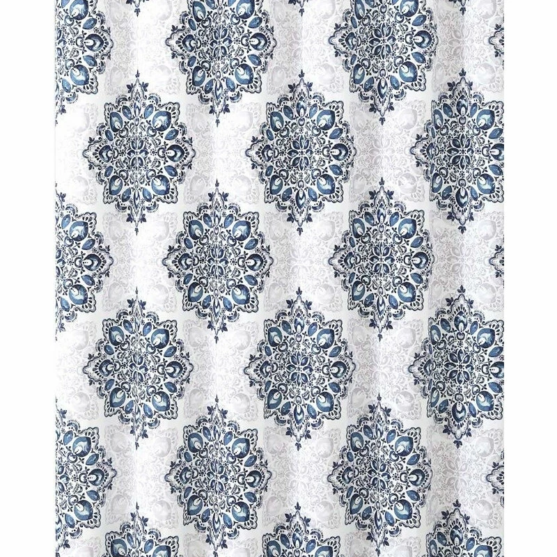 Promo ๐ VCNY Home Navy Blue White Fabric Shower Curtain: Floral Medallion Damask Design โญ